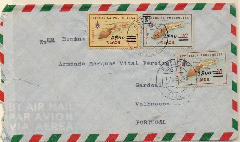 1649.jpg -     Lote:    1649            Timor       Descrição:         1960 &mdash; Carta Geográfica de Timos, com sobretaxa. Sobrescrito circulado de Dili (17.09.63) para Lisboa, com selos de 1$00 s/ 40 avos, 2$00 s/ 40 avos e 5$00 s/ 1P, CE310, 311 e 312. B e R.         Carta       Valor Base:     &euro; 15,00     Valor Venda:     &euro; 15,00       