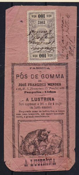 1984.jpg -     Lote:    1984      Lotes pelo Correio              Descrição:         Fiscais. Portuga. 1902 &mdash; Armas do Reino. Embalagem da Fábrica Pós de Goma, selado com estampilha do IS de 100 reis.         DOC       Valor Base:     &euro; 25,00     Valor Venda:     Retirado     