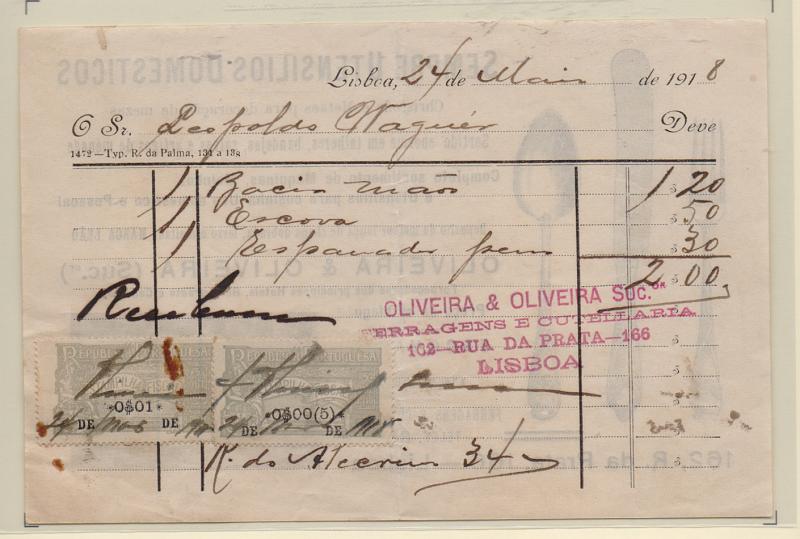 1985.jpg -     Lote:    1985      Lotes pelo Correio              Descrição:         Fiscais. Portugal. Factura de 2$00, selada com estampilhas do IS de 0$01 e 0$00(5) de 24.05.18.         DOC       Valor Base:     &euro; 2,00     Valor Venda:     Retirado     