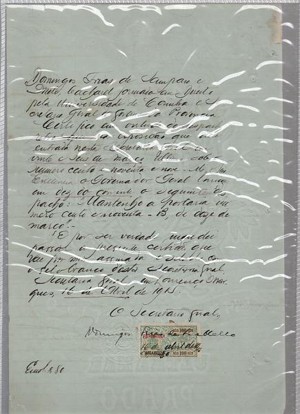 1995.jpg -     Lote:    1995      Lotes pelo Correio              Descrição:         Fiscais. Moçambique. Documento de 1915 com STO oval, cast. de "10 Centavos" e adicional de 100 reis, PB 74.         DOC       Valor Base:     &euro; 5,00     Valor Venda:     &euro; 5,00       