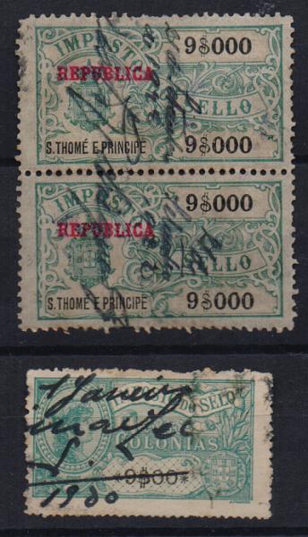 1999.jpg -     Lote:    1999      Lotes pelo Correio              Descrição:         Fiscais. São Tomé e Príncipe. Par vertical de 9$000 PB79 + estampilha de África de 9$000 PB113. Valor de catálogo &euro; 205,00.         O       Valor Base:     &euro; 9,00     Valor Venda:     Retirado     