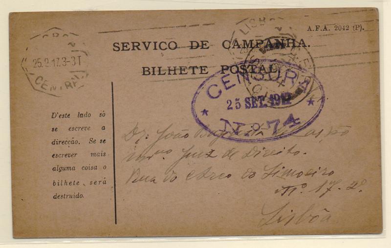 2012.jpg -     Lote:    2012      Lotes pelo Correio              Descrição:         1914/19 &mdash; 1.ª Guerra Mundial. Inteiro postal isento de franquia Mod2042 (P) *SERVIÇO DE CAMPANHA" circulado do SPC12 (17.09.17) para Lisboa.         IC       Valor Base:     &euro; 10,00     Valor Venda:     Retirado     
