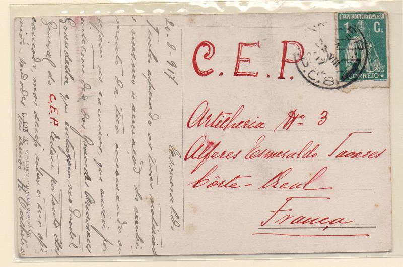 2016.jpg -     Lote:    2016      Lotes pelo Correio              Descrição:         1914/19 &mdash; 1.ª Guerra Mundial. Postal ilustrado circulado para o S.P.C 8 (22.08.17) com selo Ceres de 1C verde.         PI       Valor Base:     &euro; 5,00     Valor Venda:     Retirado     
