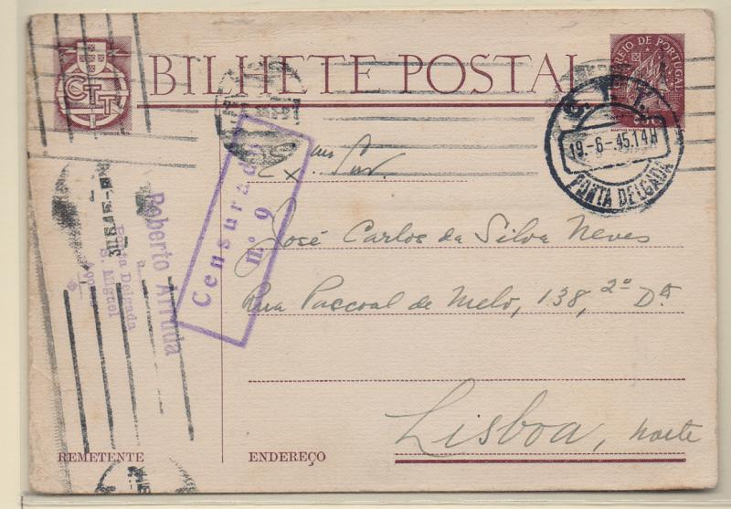 2017.jpg -     Lote:    2017      Lotes pelo Correio              Descrição:         1939/45 &mdash; 2.ª Guerra Mundial. Censuras. Inteiro postal de $30 tipo Caravela OM98 circulado de Ponta Delgada (19.06.45) para Lisboa com carimbo rectangular de censura batido a violeta "CENSURADO / N.º 9".         IC       Valor Base:     &euro; 10,00     Valor Venda:     Retirado     