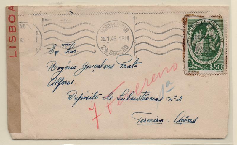 2018.jpg -     Lote:    2018      Lotes pelo Correio              Descrição:         1939/45 &mdash; 2.ª Guerra Mundial. Censuras. Sobrescrito circulado de Lisboa (29.01.45) para a Terceira, com selo CE641, censura com cinta + carimbo violeta "C.M.P.T. / C. 44 / CENSURADO".         Carta       Valor Base:     &euro; 5,00     Valor Venda:     Retirado     