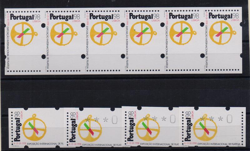 2053.jpg -     Lote:    2053      Lotes pelo Correio              Descrição:         1997 &mdash; Portugal 98. CE ETQ13, Tira de seis etiquetas sem valor + quatro com ensaio de taxas.         PRV       Valor Base:     &euro; 8,00     Valor Venda:     Retirado     