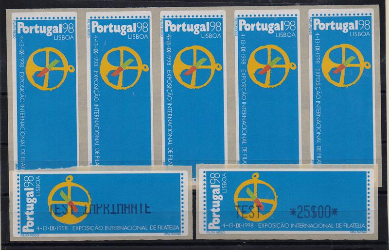 2054.jpg -     Lote:    2054      Lotes pelo Correio              Descrição:         1997 &mdash; Portugal 98. ETQ14. Tira de cinco etiquetas sem valor e dois ensaios de taxa.         PRV       Valor Base:     &euro; 8,00     Valor Venda:     Retirado     