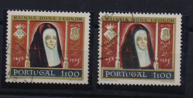 2062.jpg -     Lote:    2062      Lotes pelo Correio              Descrição:         1958 &mdash; 5.º Centenário do Nascimento da Rainha D. Leonor. CE843, 1$00. Selo com a impressão deslocada da cor preta. Acompanha selo sem defeito para comparação.         O       Valor Base:     &euro; 2,00     Valor Venda:     &euro; 4,00       