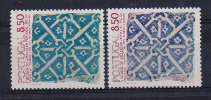 2072.jpg -     Lote:    2072      Lotes pelo Correio              Descrição:         1981 &mdash; 5 Séculos do Azulejo em Portugal. CE1516, 8$50. Selo com tonalidade de cor diferente. Acompanha selo normal para comparação.         ***       Valor Base:     &euro; 5,00     Valor Venda:     &euro; 5,00       