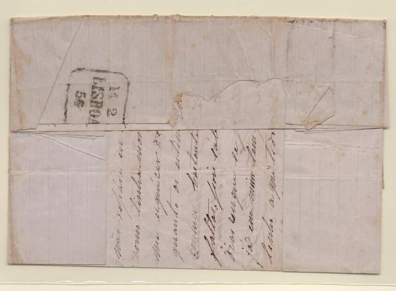 2080.jpg -     Lote:    2080      Lotes pelo Correio       Portugal       Descrição:         1855/56 &mdash; D. Pedro V. Cabelos lisos. CE7, 25 reis azul, cunho II (pérolas juntas) em carta circulada em Lisboa (14.02.56). Selo com margens de luxo, porém com vinco provocado pela dobragem da carta.         Carta       Valor Base:     &euro; 6,00     Valor Venda:     Retirado     