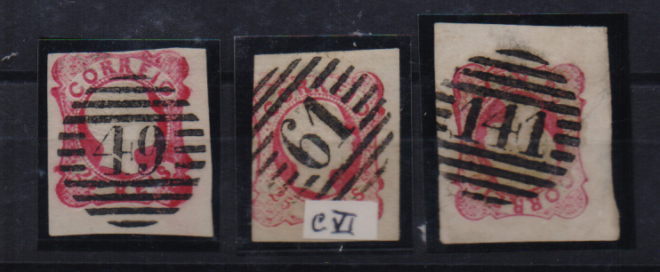 2084.jpg -     Lote:    2084      Lotes pelo Correio       Portugal       Descrição:         1856/58 &mdash; D. Pedro V. Cabelos anelados. CE12, 25 reis carmim rosa. Lote de 3 selos, com carimbos tipo 5.3.5 n.ºs 49, 61 e 141.         O       Valor Base:     &euro; 15,00     Valor Venda:     Retirado     