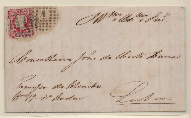 2087.jpg -     Lote:    2087      Lotes pelo Correio       Portugal       Descrição:         1862/64 &mdash; D. Luís I. CE16, 25 reis carmim rosa, em carta circulada do Faial (13.02.1863) para Lisboa. Transportada fora da mala, o selo foi obliterado com carimbo de pontos "1" de Lisboa.         Carta       Valor Base:     &euro; 6,00     Valor Venda:     &euro; 6,00       