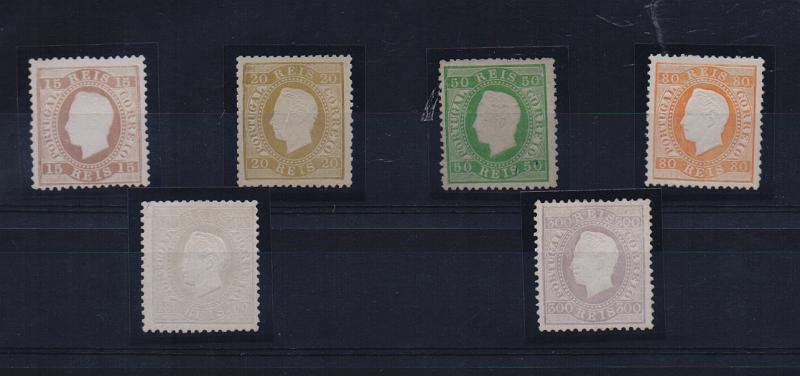 2108.jpg -     Lote:    2108      Lotes pelo Correio       Portugal       Descrição:         1870/76 &mdash; D. Luís I. Fita direita. Lote composto por 6 selos: elos de 15 reis porcelana 12 &frac12;, sem goma; selo de 20 reis p. liso, 12 &frac12;, sem goma, selo de 50 reis p. liso, 12 &frac12;, sem goma; 80 reis porcelana, 12 &frac12;, 100 reis porcelana 12 &frac12; e 300 reis porcelana 12 &frac12;. Valor de catálogo &euro; 1.120,00. CE38, 39, 41, 43 e 47         **/*       Valor Base:     &euro; 100,00     Valor Venda:     &euro; 100,00       