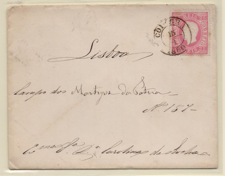 2112.jpg -     Lote:    2112      Lotes pelo Correio       Portugal       Descrição:         1870/76 &mdash; D. Luís I, fita direita. CE40, 25 reis carmim, denteado 13 &frac12;, em carta circulada de Coimbra (15.01.80) para Lisboa.         Carta       Valor Base:     &euro; 6,00     Valor Venda:     Retirado     