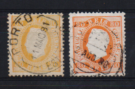 2114.jpg -     Lote:    2114      Lotes pelo Correio       Portugal       Descrição:         1870/76 &mdash; D. Luís I, fita direita. CE42, 80 reis. Lote com dois selos.         O       Valor Base:     &euro; 8,00     Valor Venda:     &euro; 8,00       