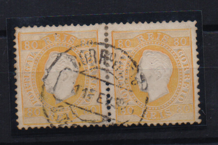 2115.jpg -     Lote:    2115      Lotes pelo Correio       Portugal       Descrição:         1870/76 &mdash; D. Luís I, fita direita. CE42, 80 reis denteado 12 &frac12;. Par horizontal.         O       Valor Base:     &euro; 10,00     Valor Venda:     Retirado     
