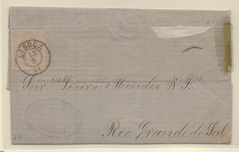2116.jpg -     Lote:    2116      Lotes pelo Correio       Portugal       Descrição:         1870/76 &mdash; D. Luís I, fita direita, CE43, 100 reis lilás claro, denteado 13 &frac12;, papel liso, em carta circulada de Lisboa (13.09.81) para o Brasil (30.09.81).         Carta        Valor Base:     &euro; 10,00     Valor Venda:     Retirado     