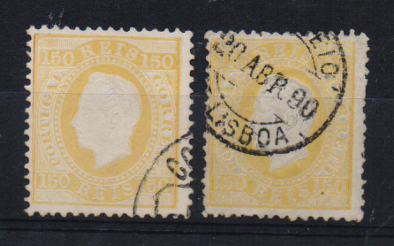 2124.jpg -     Lote:    2124      Lotes pelo Correio       Portugal       Descrição:         1878/80 &mdash; D. Luís I, fita direita. CE51, 150 reis amarelo, papel porcelana. Lote de dois selos um em denteado 12 &frac12; e outro em 13 &frac12;. Valor de catálogo &euro; 87,00.         O       Valor Base:     &euro; 10,00     Valor Venda:     Retirado     