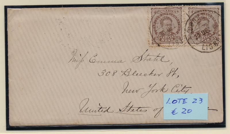 2128.jpg -     Lote:    2128      Lotes pelo Correio       Portugal       Descrição:         1882/83 &mdash; D. Luís I. De frente. CE57, 25 reis castanho, denteado 12 &frac12;, papel liso. Dois selos, em sobrescrito circulado de Lisboa (30.12.82) para os EUA.         Carta       Valor Base:     &euro; 20,00     Valor Venda:     Retirado     