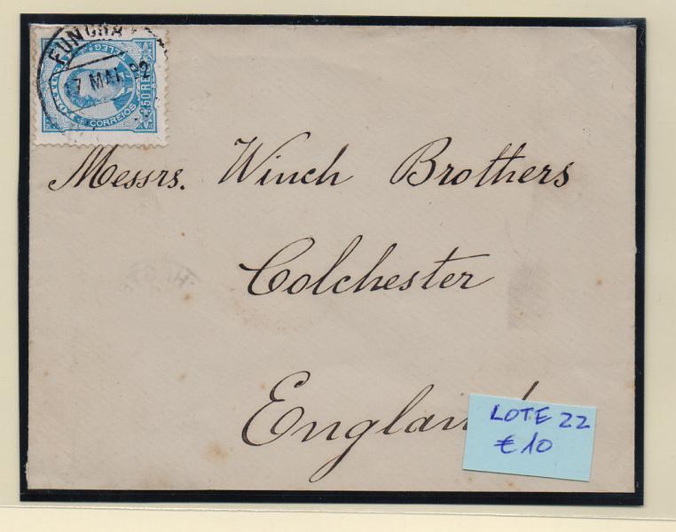 2130.jpg -     Lote:    2130      Lotes pelo Correio       Portugal       Descrição:         1882/83 &mdash; D. Luís I. De frente. CE58, 50 reis azul, denteado 11 &frac12;, papel porcelana, em sobrescrito circulado do Funchal (17.05.92) para Inglaterra.         Carta       Valor Base:     &euro; 10,00     Valor Venda:     Retirado     