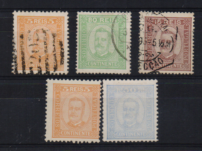 2142.jpg -     Lote:    2142      Lotes pelo Correio       Portugal       Descrição:         1892793 &mdash; D. Carlos I tipo Diogo Neto. Lote composto por selos de 5 e 50 reis novos e selos de 5, 15 e 80 reis usados CE68, 74,71 e 76. Valor de catálogo &euro; 185,10.         **/O       Valor Base:     &euro; 20,00     Valor Venda:     Retirado     
