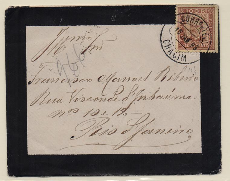 2144.jpg -     Lote:    2144      Lotes pelo Correio       Portugal       Descrição:         1892/93 &mdash; D. Luís I tipo Diogo Neto. CE73, 100 reis, papel porcelana, denteado 12 &frac12; em sobrescrito circulado de Chacim para o Rio de Janeiro (22.01.94).         Carta       Valor Base:     &euro; 10,00     Valor Venda:     Retirado     