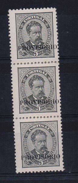 2147.jpg -     Lote:    2147      Lotes pelo Correio       Portugal       Descrição:         1892/93 &mdash; D. Luís I. Sobrecargas "PROVISORIO". CE80, 5 reis preto, denteado 11 &frac12;. Tira vertical de 3 selos. Valor de catálogo &euro; 85,20         **       Valor Base:     &euro; 8,00     Valor Venda:     Retirado     