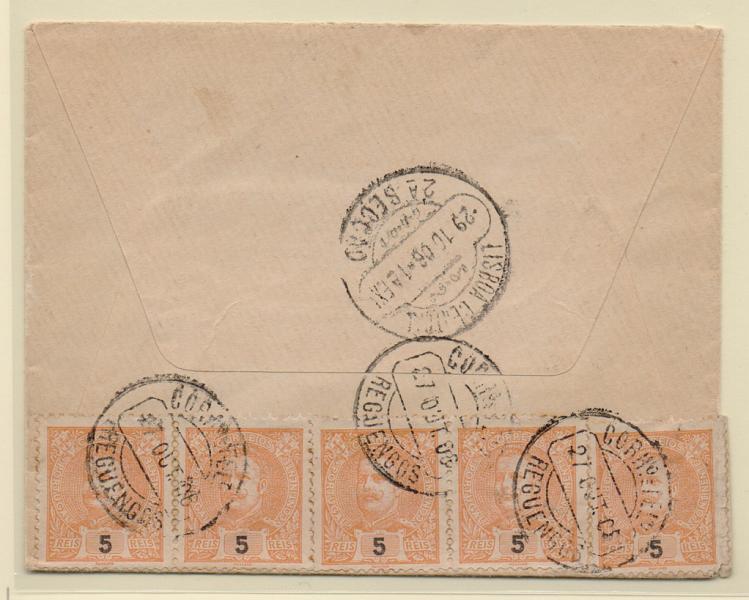 2152.jpg -     Lote:    2152      Lotes pelo Correio       Portugal       Descrição:         1895/96 &mdash; D. Carlos I Mouchon. CE127, 5 reis laranja. Cinco selos em carta circulada de Reguengos (27.10.06) para Lisboa.         Carta       Valor Base:     &euro; 5,00     Valor Venda:     &euro; 5,00       