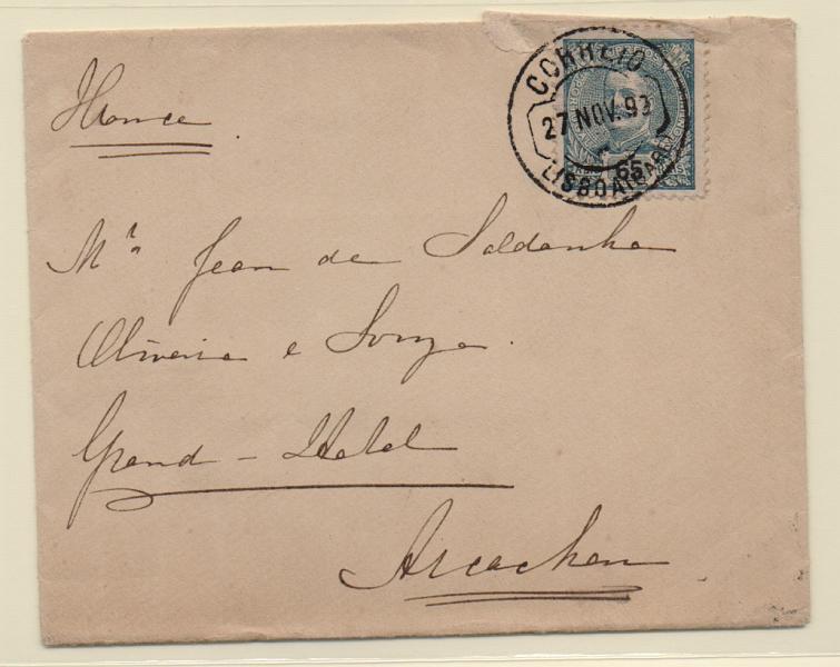 2156.jpg -     Lote:    2156      Lotes pelo Correio       Portugal       Descrição:         1898/1905 &mdash; D. Carlos I Mouchon. CE143, 65 reis azul em sobrescrito circulado de Lisboa (Gare) (27.11.99) a França.         Carta       Valor Base:     &euro; 5,00     Valor Venda:     Retirado     