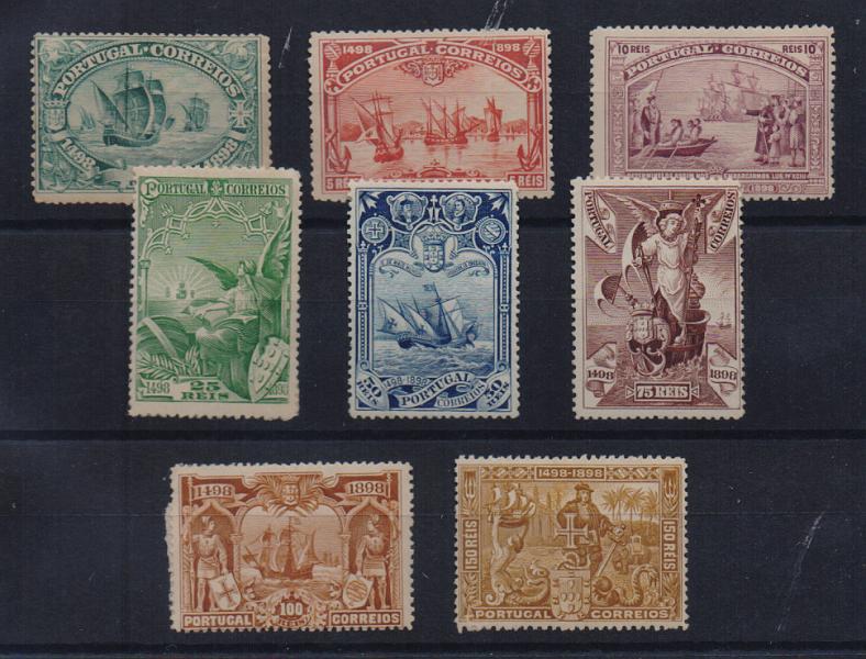 2158.jpg -     Lote:    2158      Lotes pelo Correio       Portugal       Descrição:         1898 &mdash; IV Centenário do Descobrimento do caminho Marítimo para a Índia. CE148/155. Série completa. Selos regomados.         RG***       Valor Base:     &euro; 25,00     Valor Venda:     Retirado     