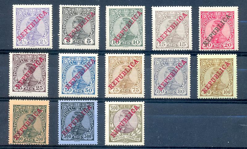 2163.jpg -     Lote:    2163      Lotes pelo Correio       Portugal       Descrição:         1910 &mdash; D. Manuel II com sobrecarga "REPÚBLICA". CE 170/182. Série incompleta. Valor de catálogo &euro; 88,00         **       Valor Base:     &euro; 8,00     Valor Venda:     &euro; 12,00       