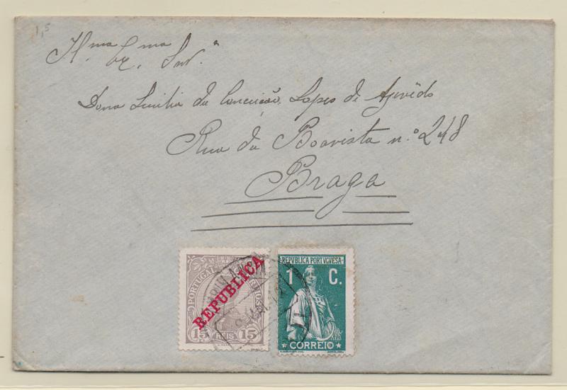 2166.jpg -     Lote:    2166      Lotes pelo Correio       Portugal       Descrição:         1910/12 &mdash; D. Manuel II, com sobrecarga REPUBLICA + Ceres. Sobrescrito circulado para Braga (11.05.12) com selo de 10 reis + 1C CE172 e 208.         Carta       Valor Base:     &euro; 10,00     Valor Venda:     &euro; 10,00       