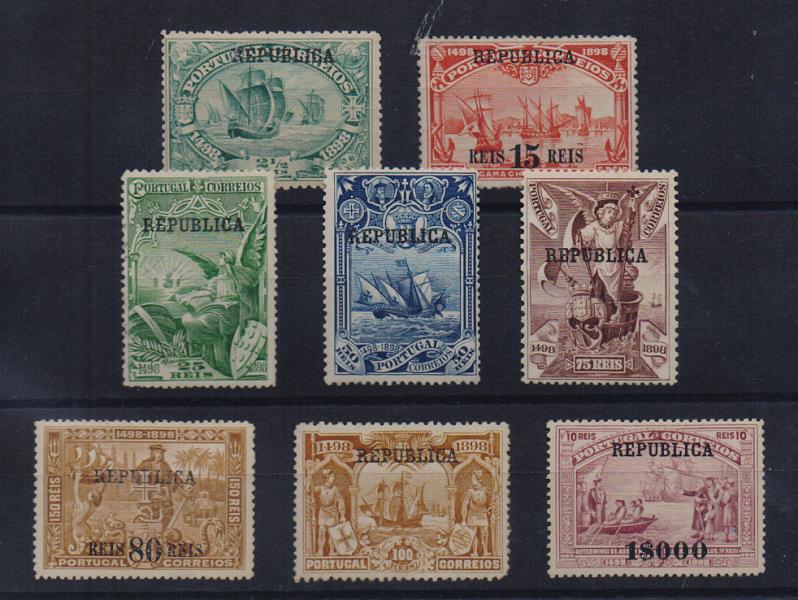 2167.jpg -     Lote:    2167      Lotes pelo Correio       Portugal       Descrição:         1898 &mdash; IV Centenário do Descobrimento do caminho Marítimo para a Índia. Selos do Continente com sobrecarga REPUBLICA. CE184/191. Série completa. Selos regomados.         RG***       Valor Base:     &euro; 20,00     Valor Venda:     &euro; 25,00       