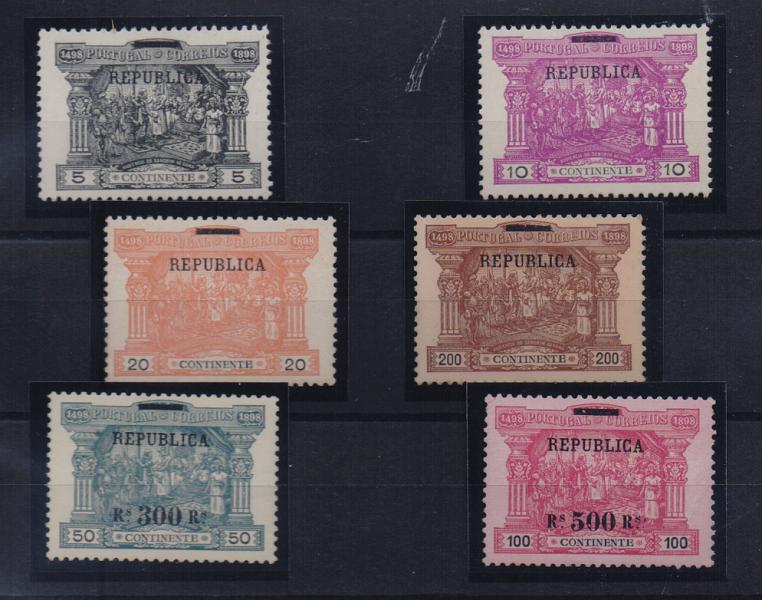 2168.jpg -     Lote:    2168      Lotes pelo Correio       Portugal       Descrição:         1898 &mdash; IV Centenário do Descobrimento do caminho Marítimo para a Índia. Selos do Porteado com sobrecarga REPUBLICA. CE192/97. Série completa. Selos regomados.         RG***       Valor Base:     &euro; 40,00     Valor Venda:     &euro; 47,00       