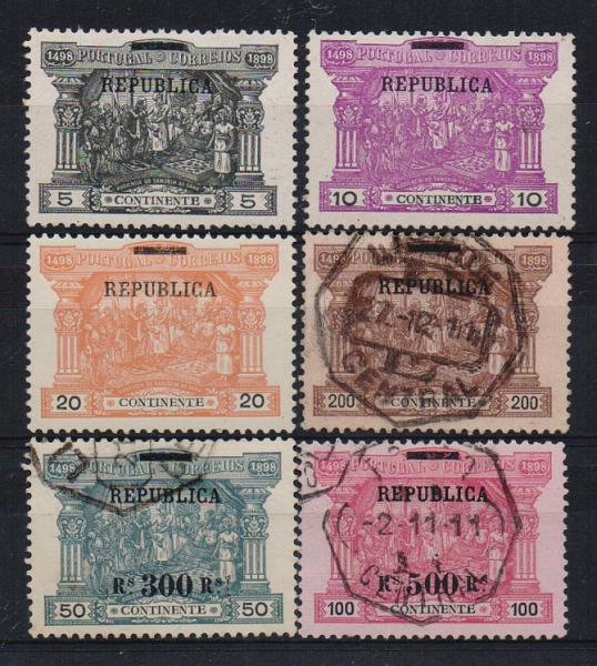 2169.jpg -     Lote:    2169      Lotes pelo Correio       Portugal       Descrição:         1911 &mdash; IV Centenário do Caminho Marítimo para a Índia, com sobrecarga REPUBLICA sobre selos do Porteado.CE192/197. Série completa. Valor de catálogo &euro; 256,00.         O       Valor Base:     &euro; 25,00     Valor Venda:     &euro; 25,00       