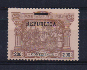 2170.jpg -     Lote:    2170      Lotes pelo Correio       Portugal       Descrição:         1911 &mdash; IV Centenário do Caminho Marítimo para a Índia, com sobrecarga REPUBLICA sobre selos do Porteado. CE195, 200 reis. Regomado.         RG***       Valor Base:     &euro; 20,00     Valor Venda:     Retirado     