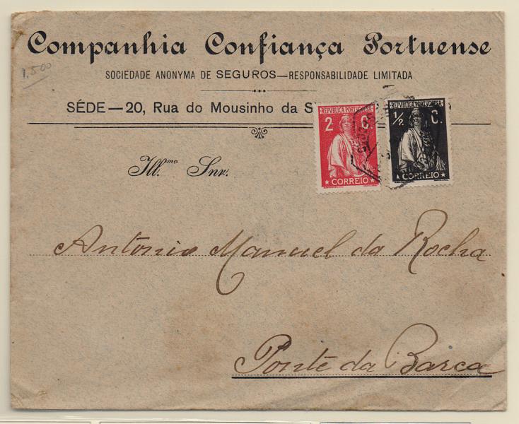 2172.jpg -     Lote:    2172      Lotes pelo Correio       Portugal       Descrição:         1912 &mdash; Ceres. Sobrescrito circulado do Porto (16.02.16) para Ponte da Barca, com selo de &frac12; c preto + selo de 2c carmim CE207/210, todos em denteado 15x14.         Carta       Valor Base:     &euro; 8,00     Valor Venda:     &euro; 8,00       