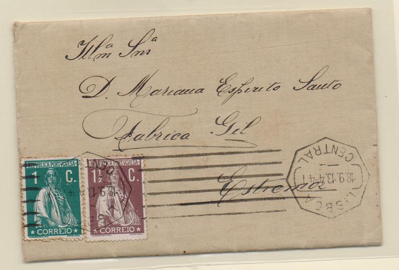2173.jpg -     Lote:    2173      Lotes pelo Correio       Portugal       Descrição:         1912 &mdash; Ceres. Sobrescrito circulado de Lisboa (18.09.13) para Estremoz, com selo de 1 &frac12; c castanho + selo de 1c verde CE208/209, todos em denteado 15x14, papel porcelana.         Carta       Valor Base:     &euro; 12,00     Valor Venda:     &euro; 12,00       