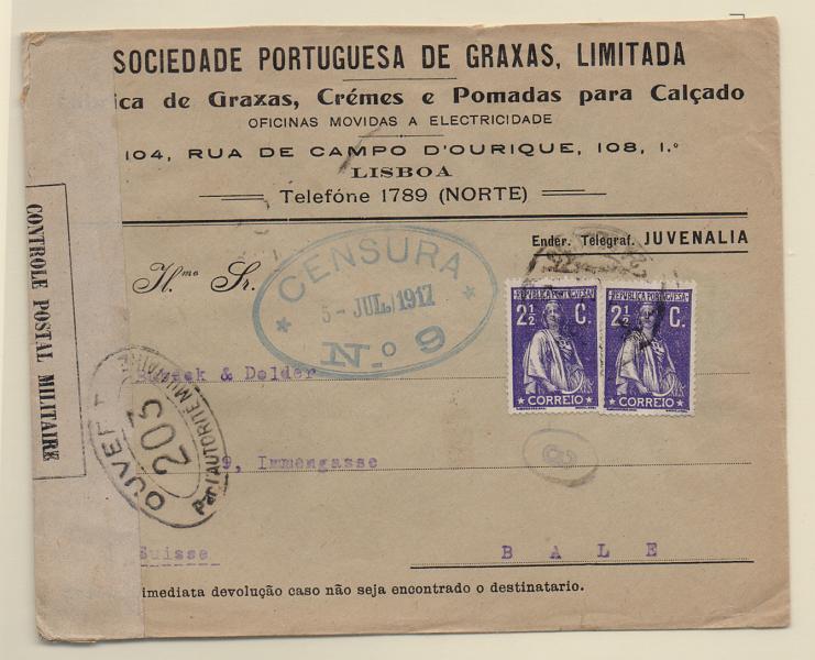 2174.jpg -     Lote:    2174      Lotes pelo Correio       Portugal       Descrição:         1912 &mdash; Ceres. Sobrescrito circulado de Lisboa (05.07.17) para a Suiça (15.08.17) com par de selos de 2 &frac12; c CE211, papel porcelana, denteado 15x14. Sobrescrito publicitário muito bonito.         Carta       Valor Base:     &euro; 5,00     Valor Venda:     &euro; 5,00       