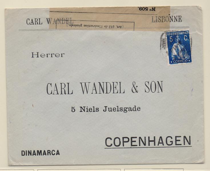 2176.jpg -     Lote:    2176      Lotes pelo Correio       Portugal       Descrição:         1912 &mdash; Ceres. Sobrescrito circulado de Lisboa para Copenhaga (10.03.12) com selo de 5C, CE212, denteado 15x14, papel porcelana.         Carta       Valor Base:     &euro; 12,00     Valor Venda:     Retirado     