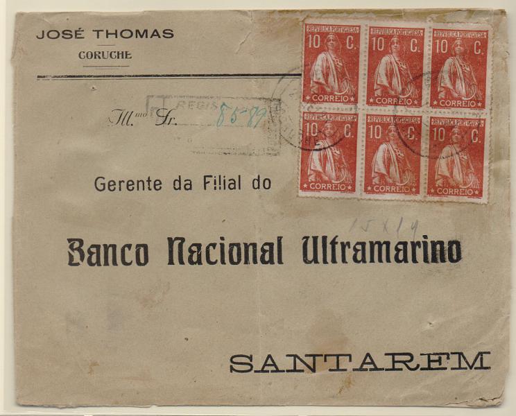 2177.jpg -     Lote:    2177      Lotes pelo Correio       Portugal       Descrição:         1912 &mdash; Ceres. Sobrescrito circulado do Coruche (27.12.21) para a Santarém, com bloco de 6 selos de 10C CE215, papel liso, denteado 15x14          Carta       Valor Base:     &euro; 10,00     Valor Venda:     &euro; 10,00       