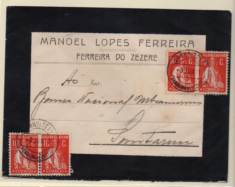 2178.jpg -     Lote:    2178      Lotes pelo Correio       Portugal       Descrição:         1912 &mdash; Ceres. Sobrescrito circulado de ferreira do Zêzere (09.06.31) para Santarém com dois pares de selos de 10c CE215.         Carta       Valor Base:     &euro; 12,00     Valor Venda:     Retirado     
