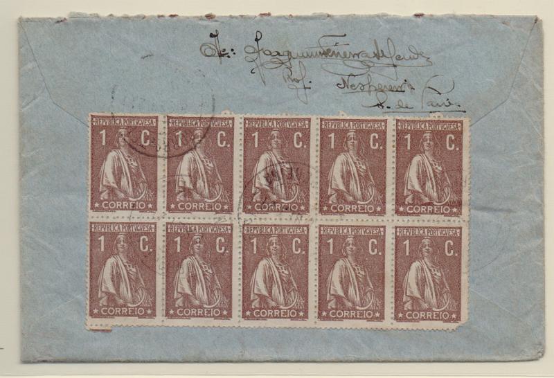 2179.jpg -     Lote:    2179      Lotes pelo Correio       Portugal       Descrição:         1912 &mdash; Ceres. Sobrescrito circulado de Espinho (06.03.23) para o Rio de Janeiro, com 10 selos de 10C CE215, denteado 12x11 &frac12;.         Carta       Valor Base:     &euro; 10,00     Valor Venda:     &euro; 10,00       
