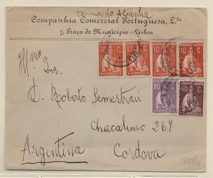 2180.jpg -     Lote:    2180      Lotes pelo Correio       Portugal       Descrição:         1912/26 &mdash; Ceres. Sobrescrito circulado de Lisboa (26.11.24) para a Argentina com 4 selos de 10C CE215, 40C CE283 e 80C CE286         Carta       Valor Base:     &euro; 12,00     Valor Venda:     &euro; 12,00       
