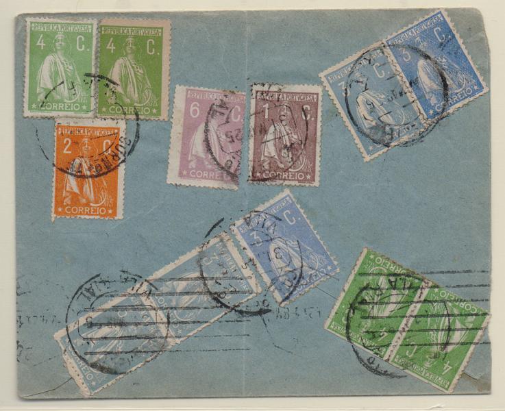 2181.jpg -     Lote:    2181      Lotes pelo Correio       Portugal       Descrição:         1917/22 &mdash; Ceres. Sobrescrito circulado de Vila Real (31.03.25) para Lisboa com um selo de 1C + 2C + 4x4C + 6C + 5x3C, CE221, 223, 226, 228 e 235         Carta       Valor Base:     &euro; 12,00     Valor Venda:     &euro; 14,00       