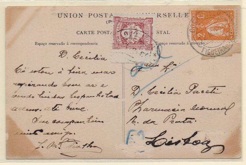 2184.jpg -     Lote:    2184      Lotes pelo Correio       Portugal       Descrição:         1915/20 &mdash; Ceres + Porteado. Emissão regular. Valor em centavos. Postal ilustrado circulado da Figueira da Foz (12.08.20) para Lisboa com selo de 2C laranja CE223. Porteado com o dobro do porte em falta (PI pagavam 3C9, com selo de 2C CE POR23.         PI       Valor Base:     &euro; 12,00     Valor Venda:     &euro; 12,00       