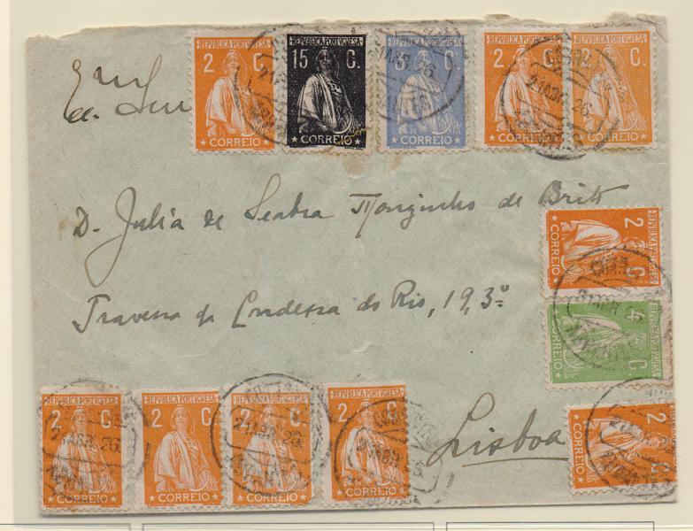 2185.jpg -     Lote:    2185      Lotes pelo Correio       Portugal       Descrição:         1917/23 &mdash; Ceres. Sobrescrito circulado de Abrantes (21.04.26) para Lisboa com 9 selos de 2C CE223, selos de 3, 4 e 15C CE226, 235 e 253.         Carta       Valor Base:     &euro; 12,00     Valor Venda:     &euro; 26,00       