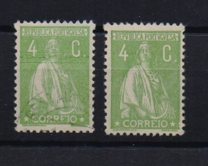 2188.jpg -     Lote:    2188      Lotes pelo Correio       Portugal       Descrição:         1917/20 &mdash; Ceres. CE226, 4C verde. Lote de dois selos .Um deles com impressão defeituosa.         */O       Valor Base:     &euro; 2,00     Valor Venda:     Retirado     