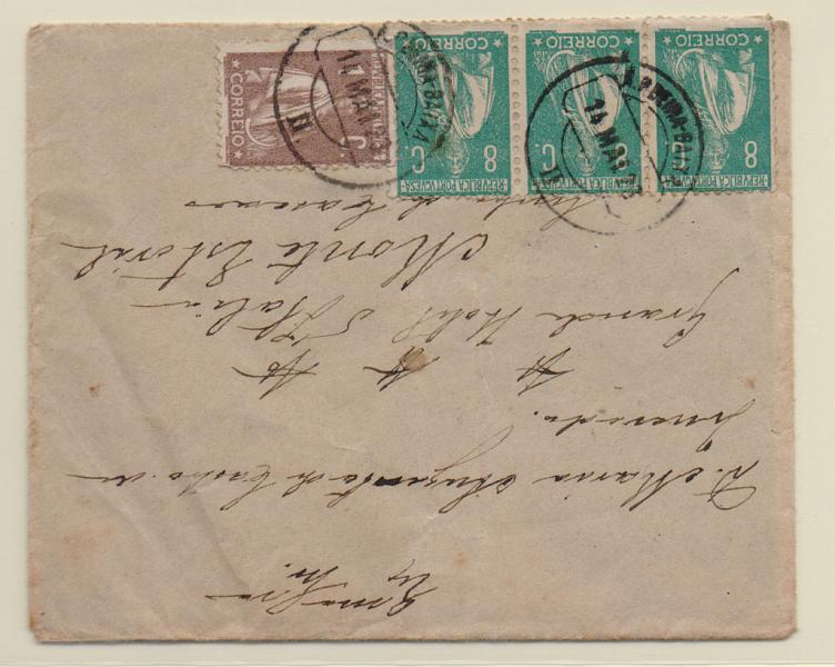 2199.jpg -     Lote:    2199      Lotes pelo Correio       Portugal       Descrição:         1917/22 &mdash; Ceres. Sobrescrito circulado para Monte Estoril (15.05.23) com selos de 1C, e tira de 3 selos de 8C CE221 e CE237.         Carta       Valor Base:     &euro; 12,00     Valor Venda:     &euro; 12,00       