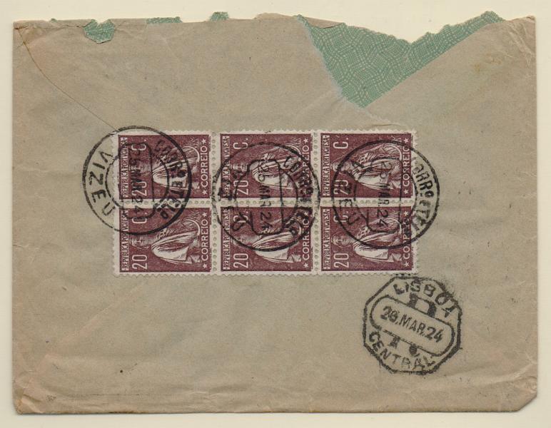2202.jpg -     Lote:    2202      Lotes pelo Correio       Portugal       Descrição:         1920/22 &mdash; Ceres. Sobrescrito circulado registado de Viseu (25.03.24) para Lisboa com bloco d seis selos de 20C castanho. CE 240.         Carta       Valor Base:     &euro; 8,00     Valor Venda:     &euro; 8,00       